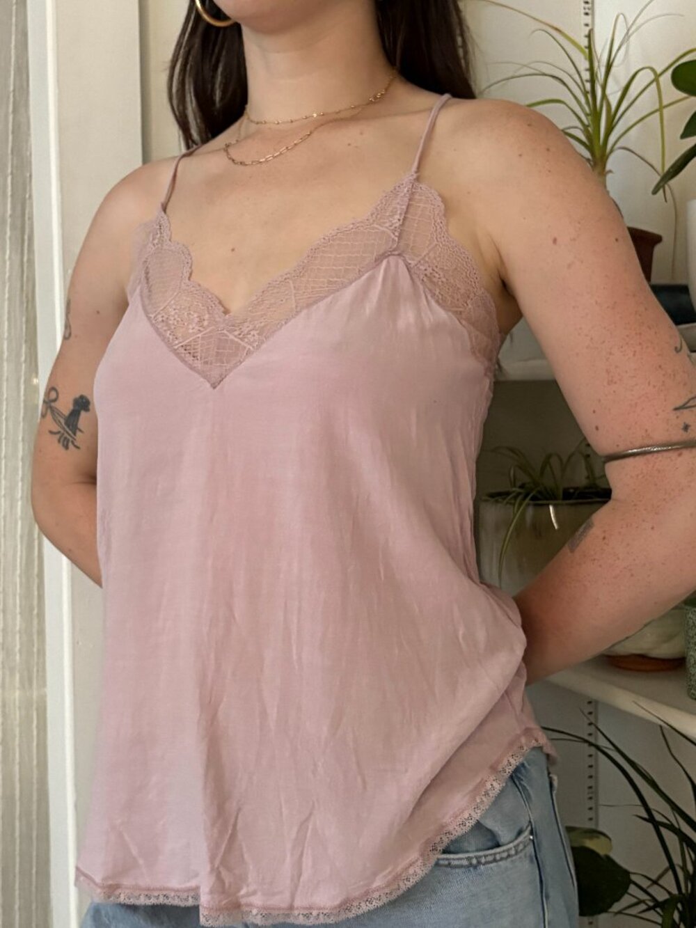 Blush Lace-Trim Flowy Tank - S